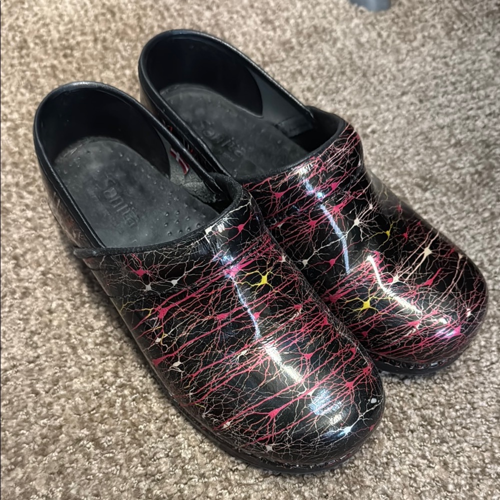 Women’s Black and Multicolor Clogs